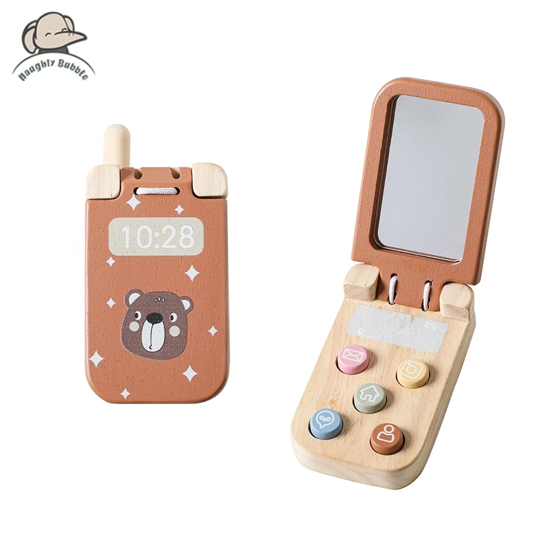 Cartoon Wooden Phone With Mirror Baby Montessori Toy The Child's Fingers Press And The Senses Touch The Toy Mobile Key Learning