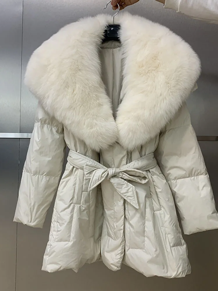 

Large Fur Collar Down Jacket 2023 Winter New Lace-Up Waist Closed Goose Down Coat Women