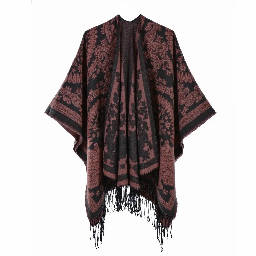 Autumn Winter Split Knitted Shawl Tassel Double Sided Split Women Imitation Cashmere Poncho Lady Capes Khaki Cloaks