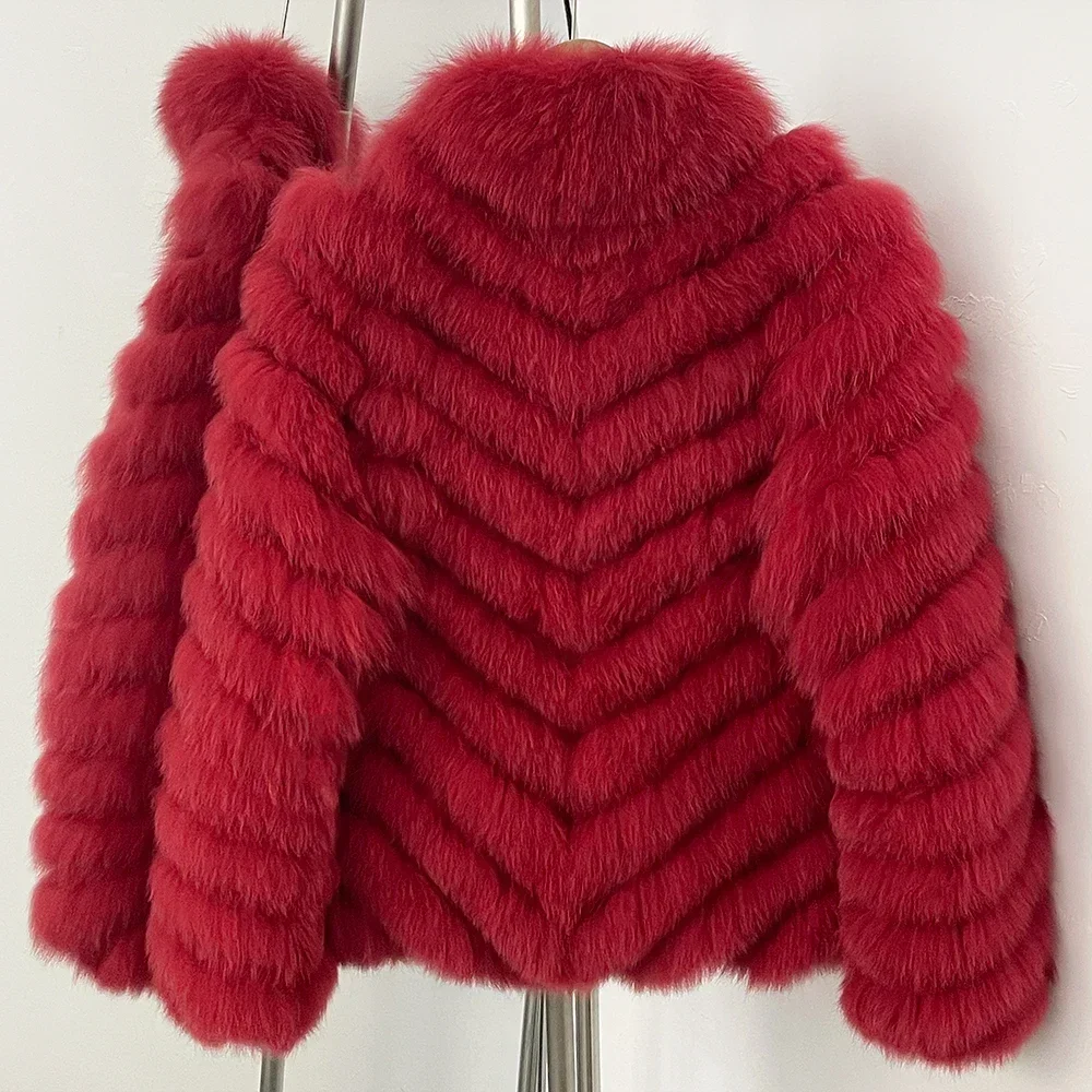 OFTBUY Neue Herbst-Winter-Oberbekleidung für Damen, Wendbare Stehkragen-Jacke aus echtem Fuchsfell, Chevron-Schnitt, kurze, abgeschnittene Naturpelzjacke – Detail 29