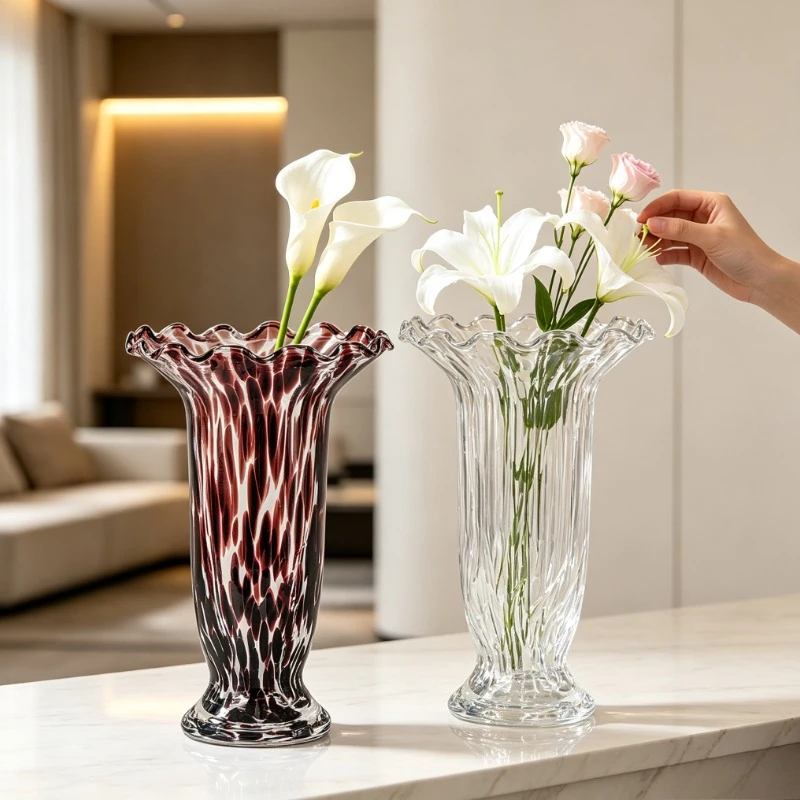 High-end transparent glass flower vase, living room home decoration, wave mouth vertical long flower utensil is simple