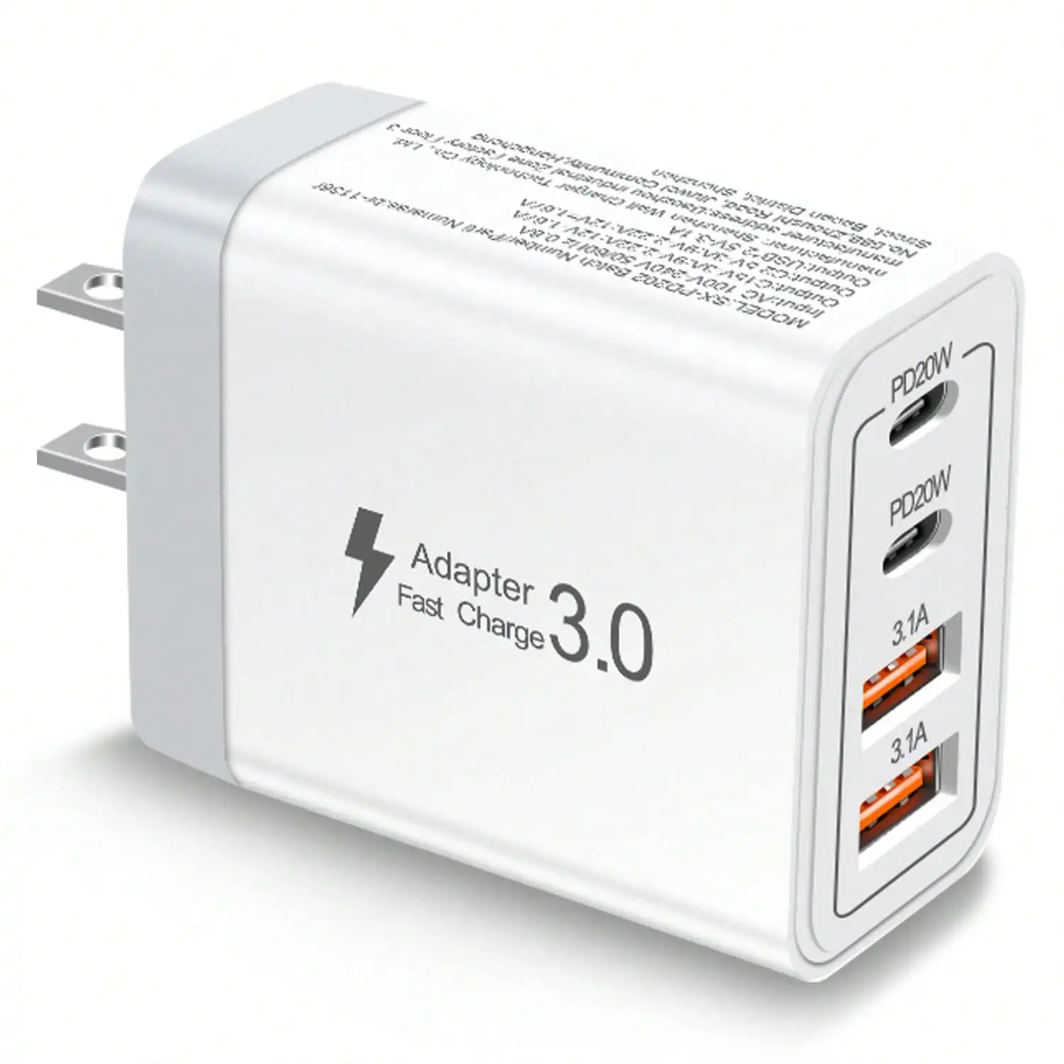 

40W US Plug 4-Port 2A2C Wall Charger Dual PD QC Fast Charging Adapter Multi Port High Power Charging Block for Smartphone Tablet Multi Devices Home Office Desktop Multi-user Charging Accessory