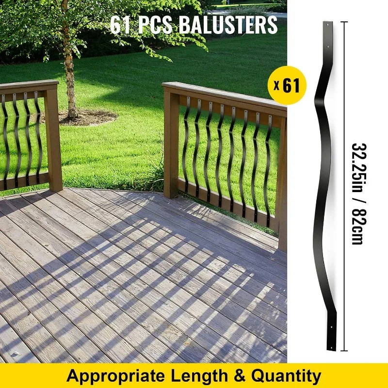 Balusters 32,25 inch trap met schroeven golvende aluminium reling, voor buitentrap, veranda, zwart