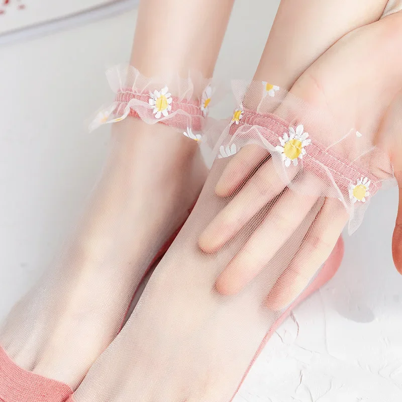 

Flower Ruffle Socks Women Summer Ultra-thin Transparent Crystal Silk Socks Japanese Kawaii Cute Lace Low Cut Ankle Short Socks