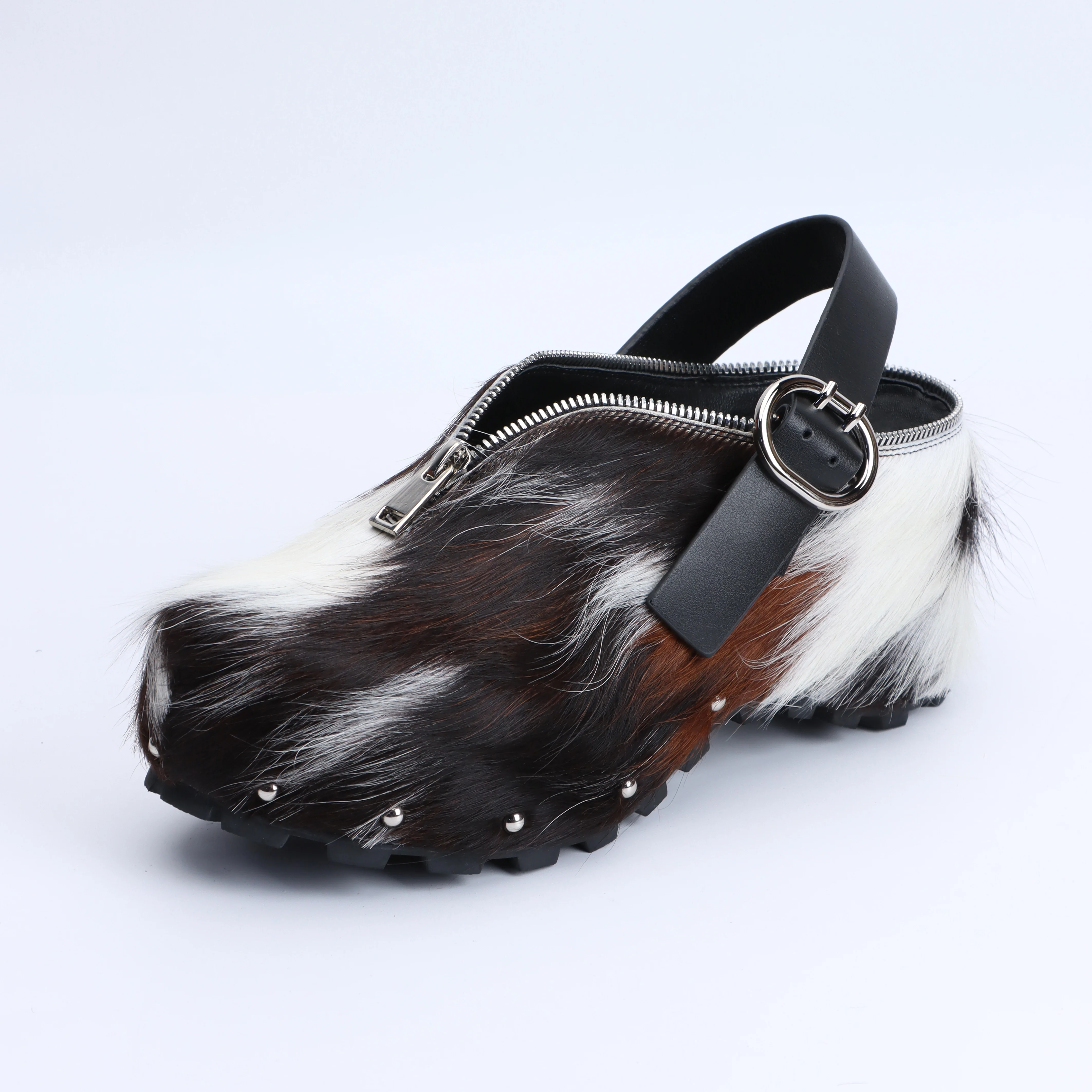 Adjustable Zipper, Luxury Designer Mule Sandals for Women, Handmade Cowhide Fur, Rubber Sole, Latex Insole, Trendy Summer Slides