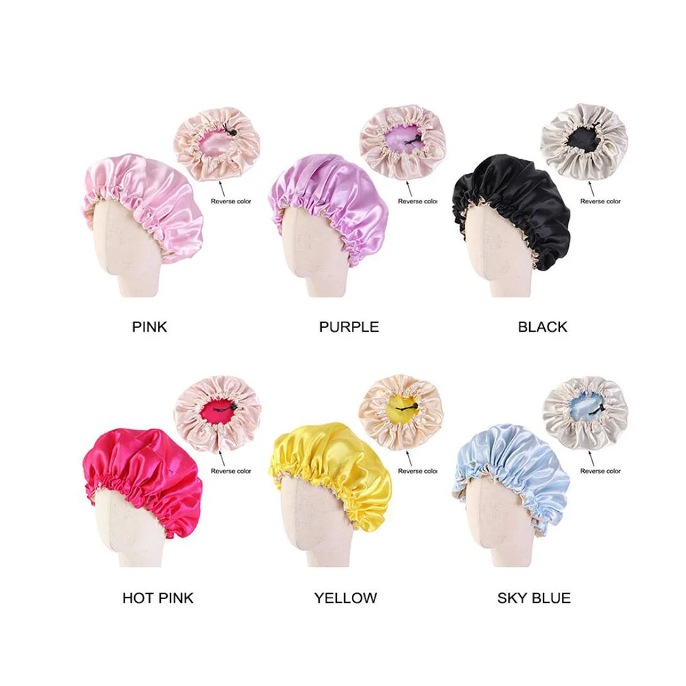

Double Layer Satin Sleep Adjustable Elastic Hair Bonnet For Night Wear Wash Face Shower Use Hat Double Layer