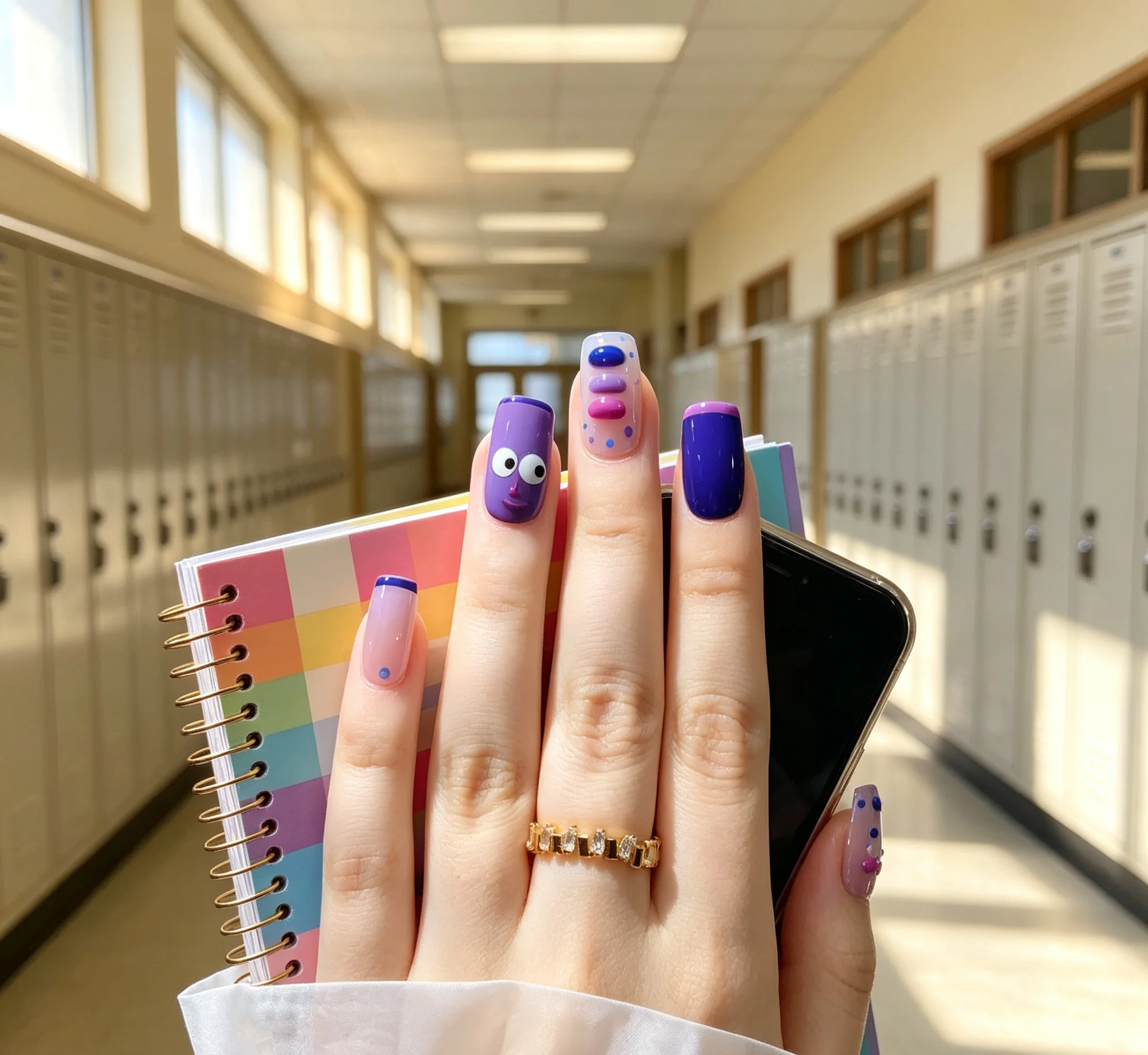 Cute Cartoon Monster Face Press On Nails, Medium Square Purple Blue French False Nails, Fun Graffiti Reusable Wearable Nails for Women Girls, 24 Pcs