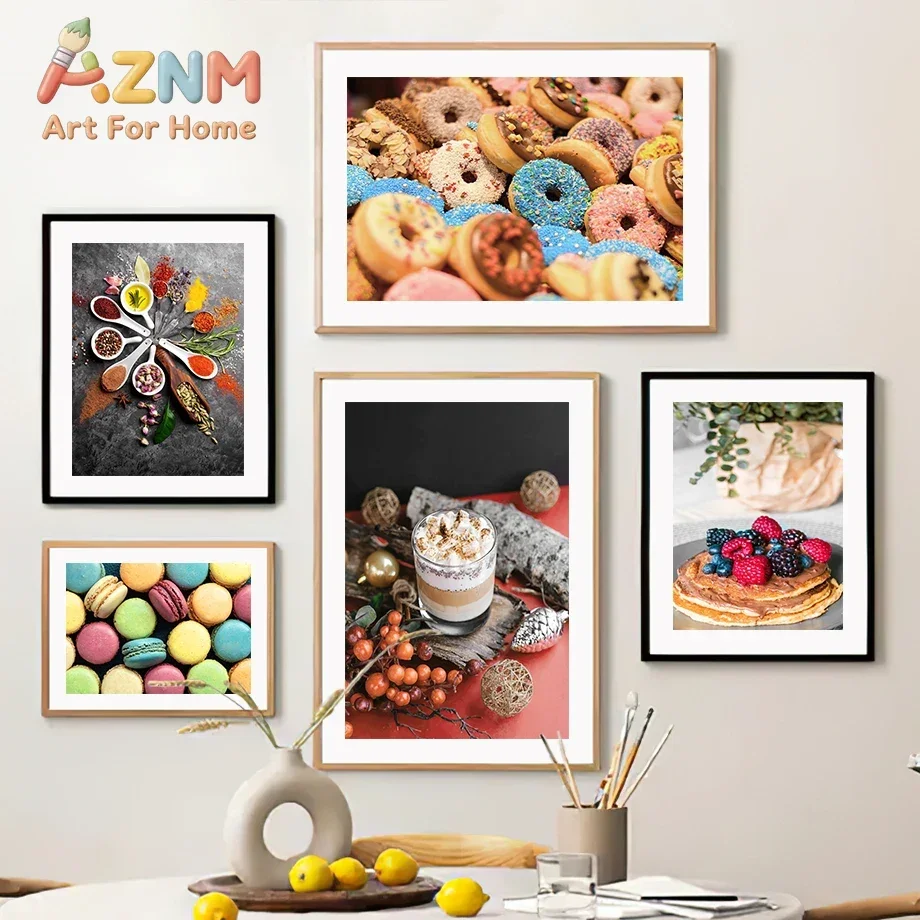 Coffee Cake Croissant Donut Macarons Posters Prints Canvas Painting Nordic Wall Art Pictures For Kitchen Dessert Shop Room Decor