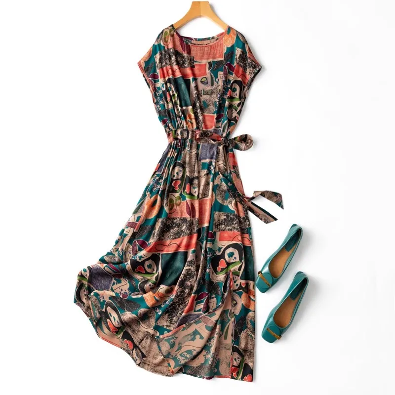 Women Silk Dress 92% Mulberry Silk 8% Spandex 20 Momme Colorful Printed Sleeveless Tank Dress O neck Luxury Midi Dress M1213