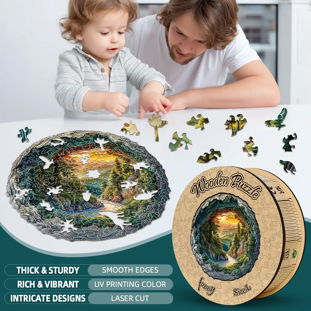 

Immersive 3D Cave Forest Puzzle for Adults: Unique-Shaped Wooden Jigsaw with Sunset Trail - Stunning Home Decor