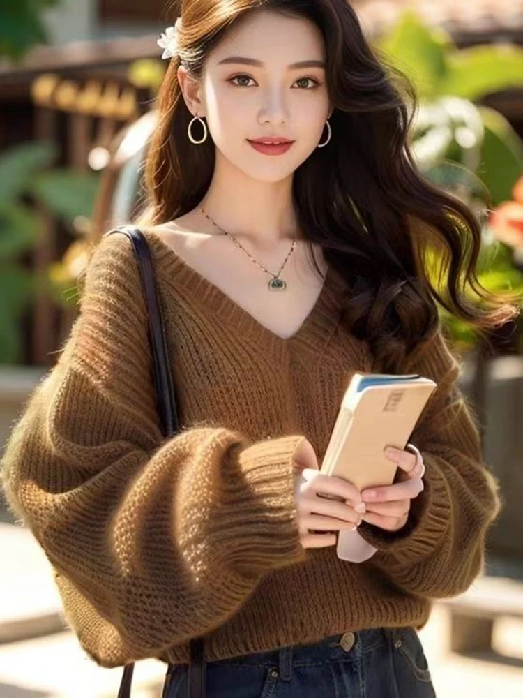 Damski sweter z bufiastymi rękawami, wzór wiśniowy, ciemnoczerwony top, inspirowany jesienią, nowość