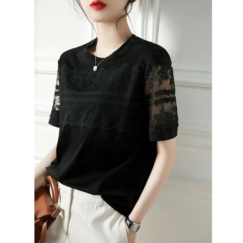 Summer Solid Color Lace Patchwork Women\'s Clothing 2023 New Comfortable Loose Pure Cotton Tops Women Elegance Refreshing T-shirt