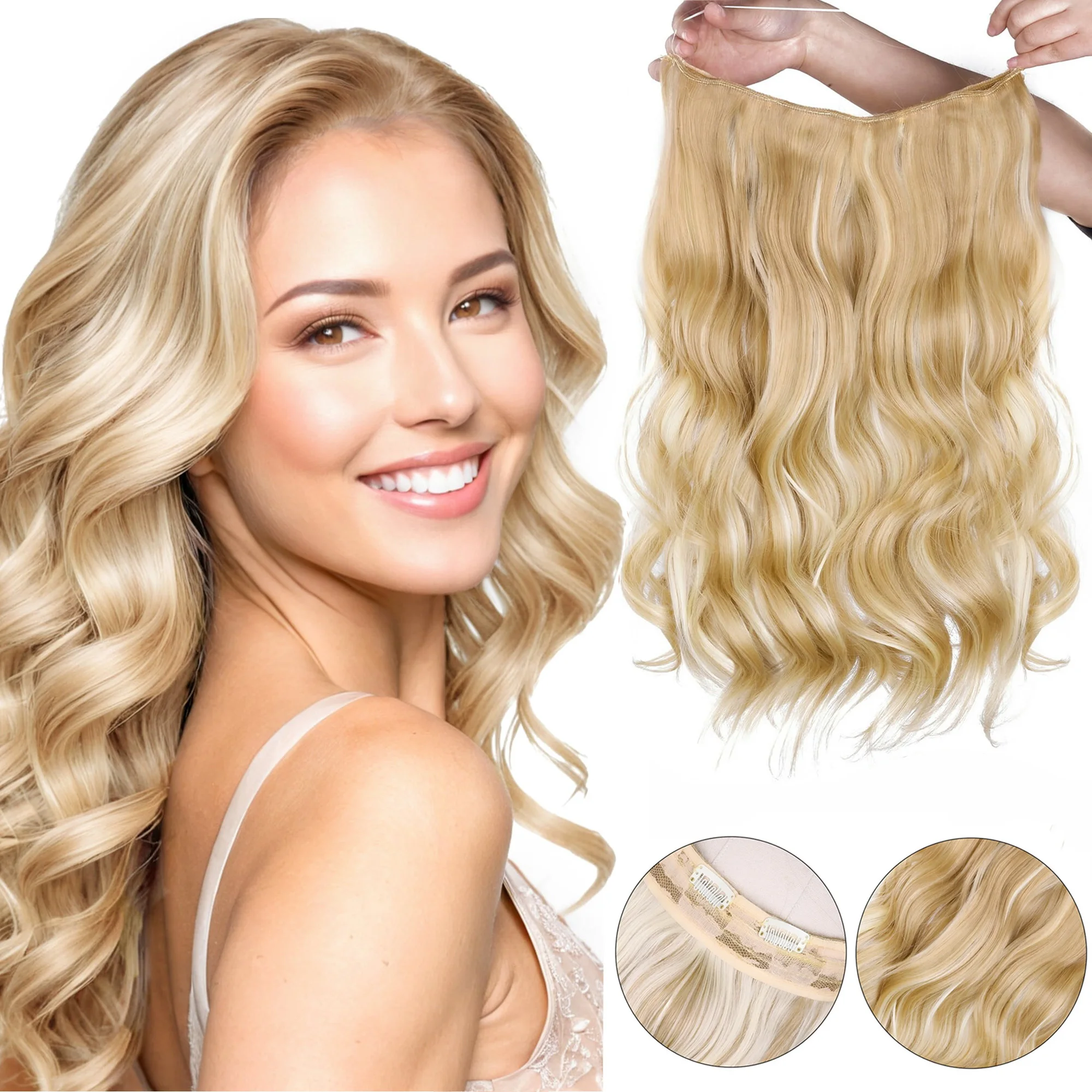 

Invisible Wire Hair Extensions with Adjustable Size 4 Secure Clips 16 Inch Long Wavy Highlight Synthetic Hairpieces