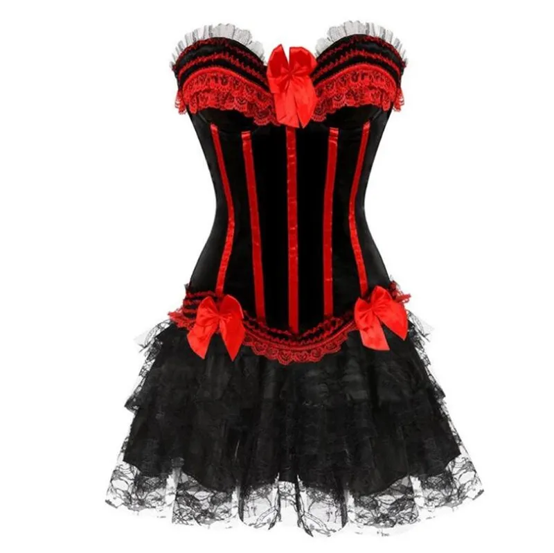 Sexy Corset Dress Red Strip Corset and Lace Mini Short Skirt Straps with Cup Lingerie Showgirl Dance Dress Plus Size S-2XL