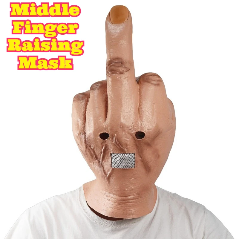 

Middle Finger Mask Halloween Party Latex Funny Gag Costume Adult Scary Disgust Expression DJ Club Prank Cosplay Masquerade