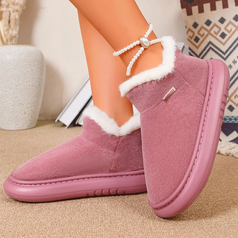 رشاقته أفخم الشتاء الثلوج أحذية النساء 2025 الانزلاق على منصة دافئة القطن مبطن أحذية امرأة الراحة لينة وحيد رقيق حذاء من الجلد