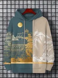 Men's Hoodie Landscape Paint Print Y2k Sweatshirt Harajuku Hooded Shirt Pullover Casual Oversized Long Sleeve Top Men's Clothing