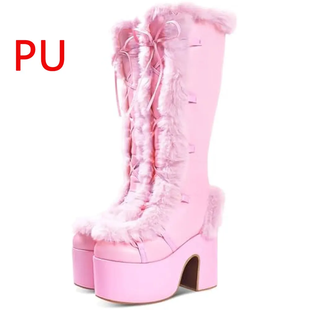 Big Size 46 Winter y2k Pink Knee High Boots Women White Chunky Platform Boots Gothic Black Faux Fur Block High Heels Boots Shoe