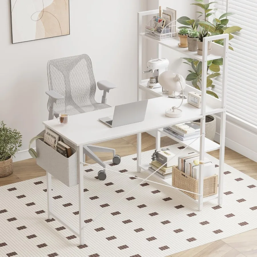 مكتب كمبيوتر على شكل حرف L مقاس 47 بوصة مع رف كتب مدمج ومساحة تخزين ومكتب زاوية للمكتب المنزلي أو غرفة النوم مثالي للكتابة #4