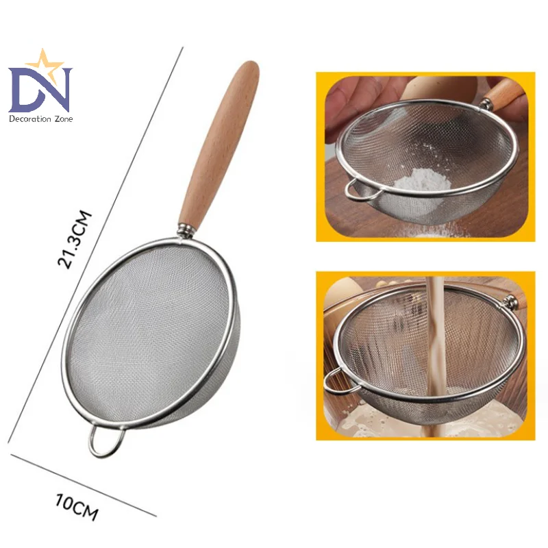 Wooden Handle Stainless Steel Small Colander Fine Mesh Oil Strainer Multi-function Filter Mesh Flour Sifter Kitchen Baking Tools