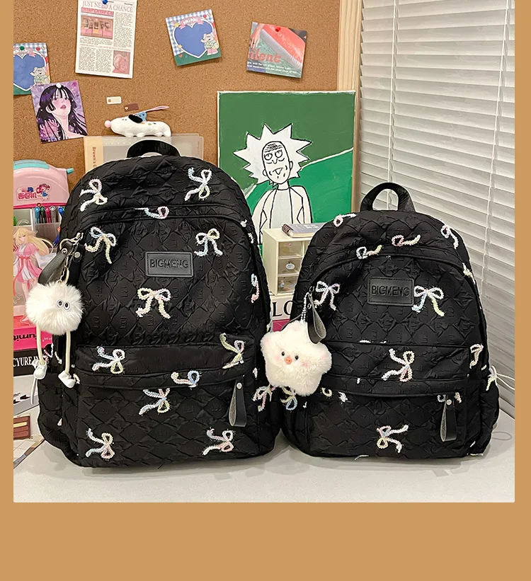 Colorful Bow Full Print Ruched Fabric Backpack Four Colors Available Large Capacity Girls Junior High High School School Bag