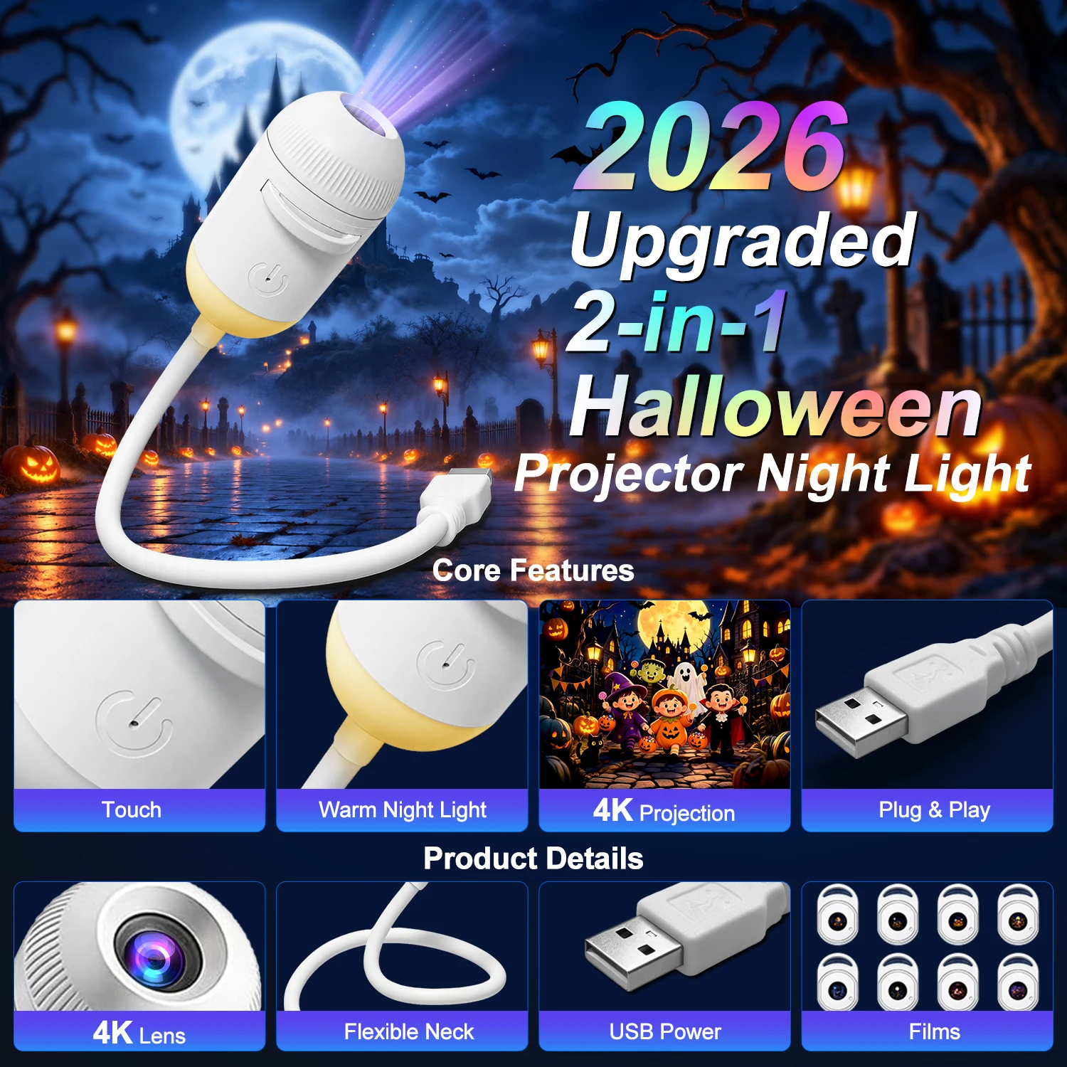 Projector Night Light,USB Plug & Play Halloween Window Projector with 12 Patterns,Halloween Decor Lamp for Bedroom Car Kids Gift