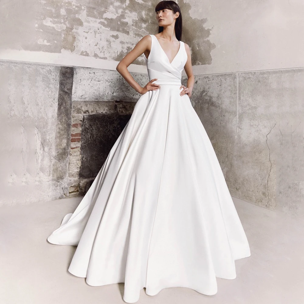 

Classic Satin V-Neck Sleeveless Wedding Dress Pleat A-Line Floor Length with Belt and Bow Sexy Open Back Sweep Train Gowns