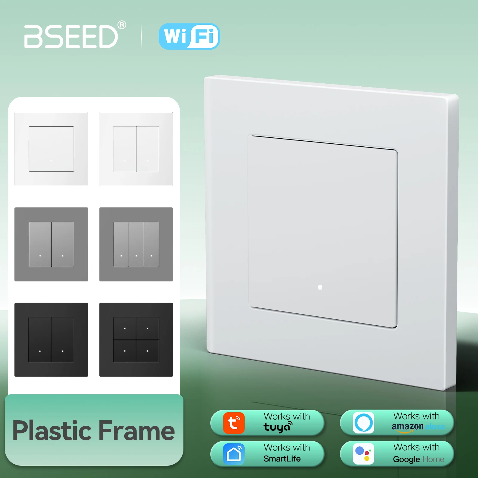 

BSEED WIFI Click Switches 1/2/3/4Gang Настенные умные выключатели света Желтая подсветка Пластиковая рамка Tuya APP Лестничные выключатели E-Series