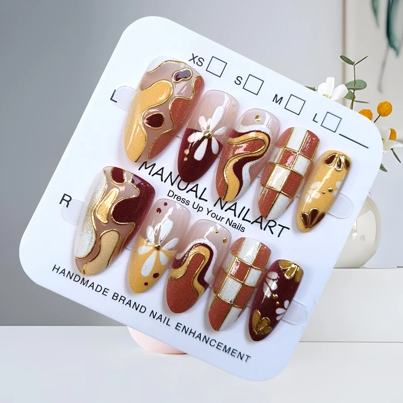 10 stuks Franse stijl mode kersenkus korte amandel druk op nagels trend chic luipaardprint vergulde nagelpatch cat eye valse nagel