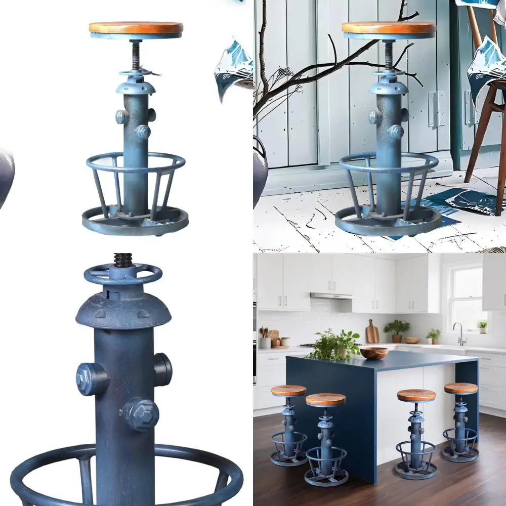 

Vintage Round Fire Hydrant-Inspired Adjustable Bar Stool with Wooden Top in Antique Blue