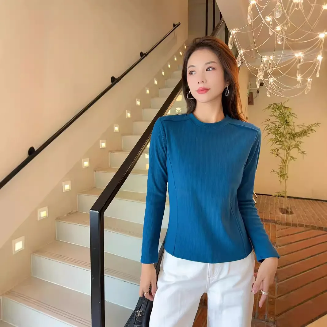 

Autumn Winter Deyong Long Sleeve Top Solid Round Neck T-Shirt Women's Patchwork Loose Base Layer Simple Women's Wear