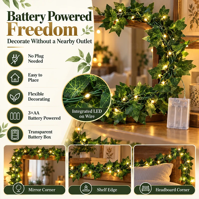Flexible Bendable Artificial Ivy Vine String Lights Battery Powered DIY Shape LED Leaf Garland Lights for Irregular Space Decor