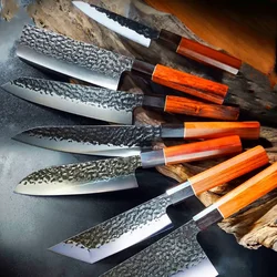 Japoński nóż Santoku Sashimi 1-7 szt. Ręcznie kute zestaw noże szefa kuchni filetów rybnych z drewna rączka tasak narzędzia do grillowania kempingowy