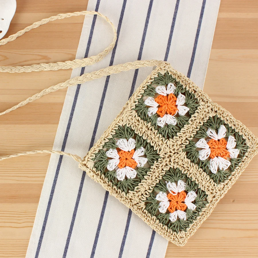 

Summer Straw Women Vacation Woven Beach Crossbody Bags Crochet Patchwork Hollow Out Simple Tote Purse Casual Bali Shoulder Bags