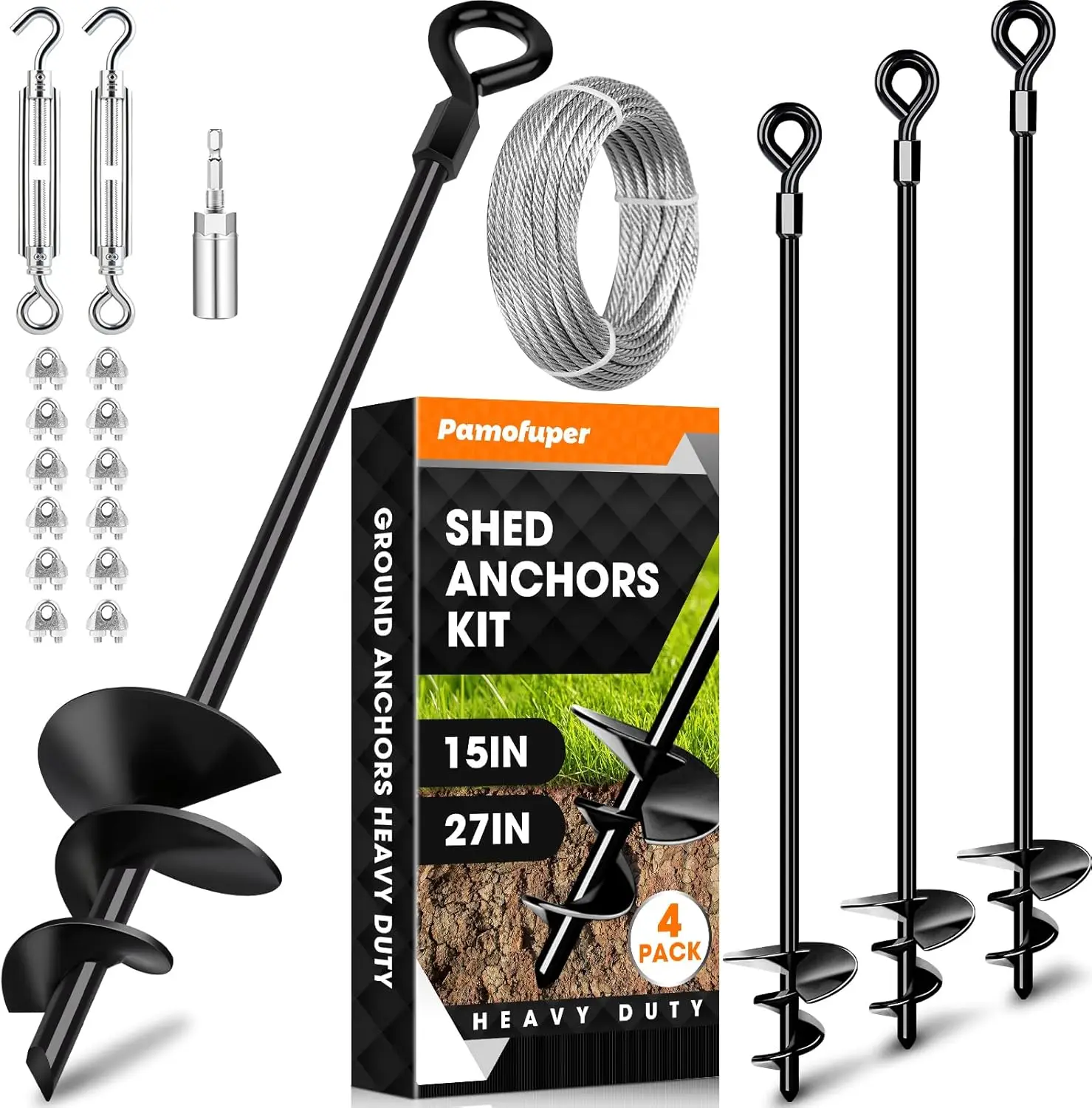 

27in 4 Pack Shed Anchor Kit with Galvanized Cable for High Wind Protection - Ideal for Canopies, Sheds, Swing Sets