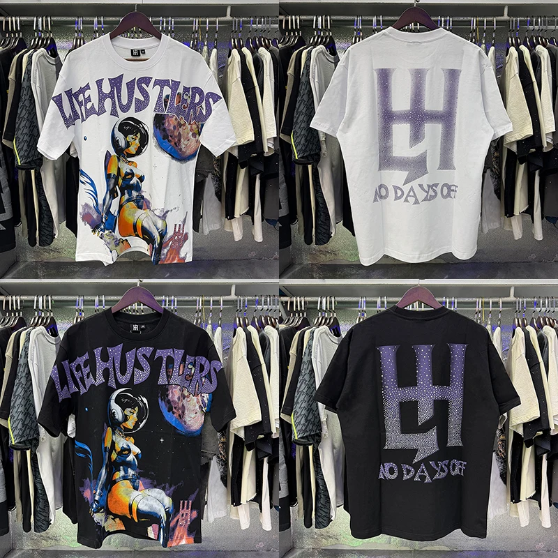 Life Hustlers Sci-Fi Space Girl Graphic T-Shirt Vintage Comic Book Print Y2K Streetwear Fashion Oversized Casual Top Men
