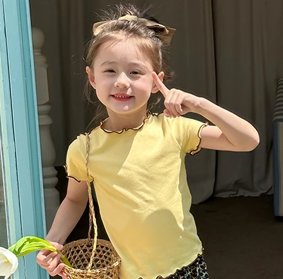 2024 Summer T-shirt Girl Baby Korean Short Sleeved T-shirt Sweet Lace Solid Color T-shirt Girl Sweet Gentle Clothes