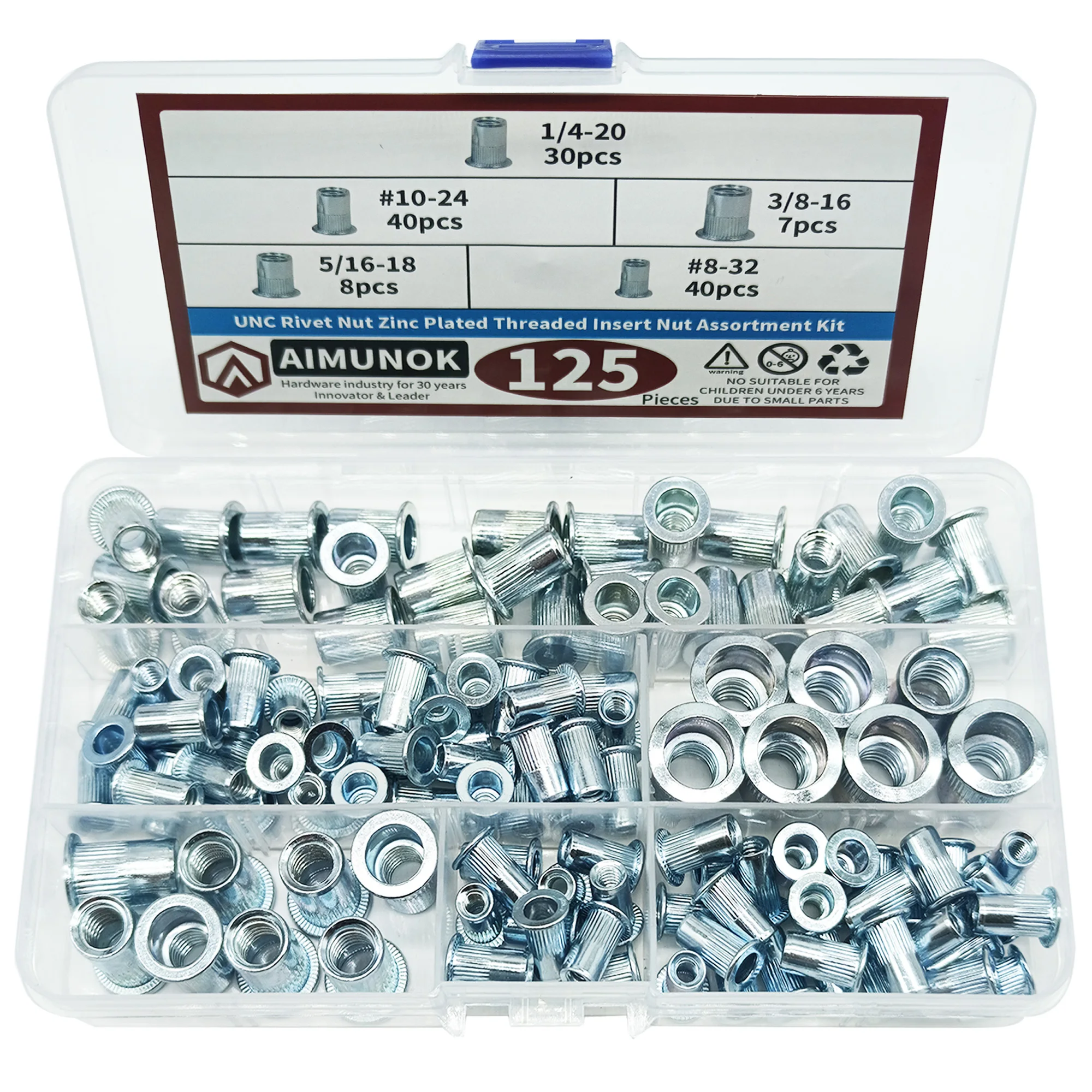 

125pcs UNC Rivet Zinc Plated Threaded Insert Nut Assortment kit 3/8-16 5/16-18 1/4-20 #10-24 #8-32 Repair Accessories