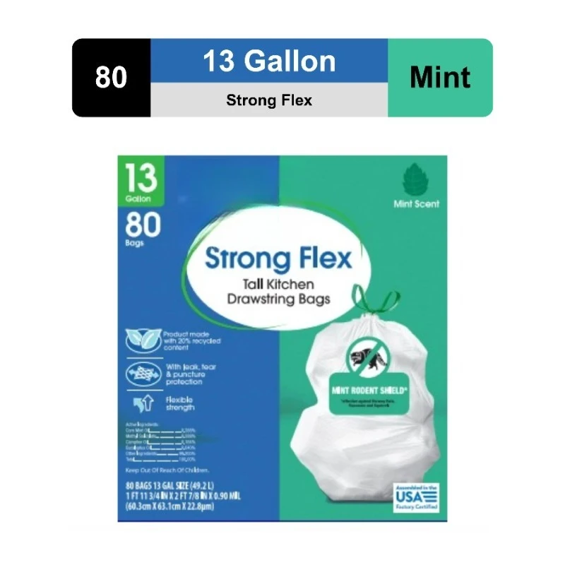 

13-Gallon Drawstring Strong Flex Tall Kitchen Trash Bags, Mint Scent, 80 Bags