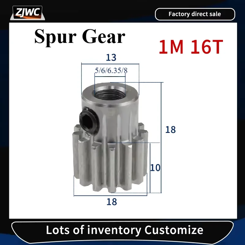 Module 1 16T Spur Gear 45# Carbon Steel Bore 5mm 6mm 6.35mm 8mm Low Speed Metal Drive Gear For Motors