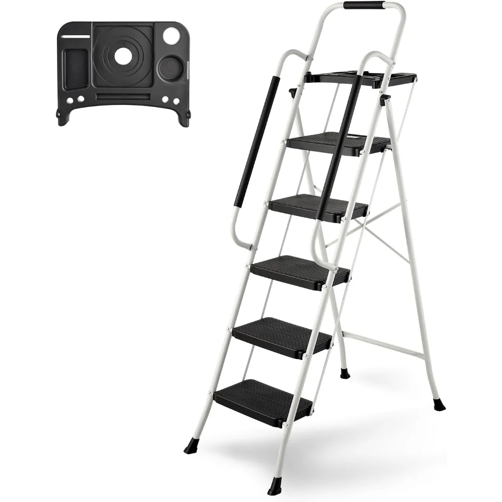 

5 Step Ladder with Handrails, 330LBS Capacity, Folding Step Stool with Tool Platform, Anti-Slip Wide Pedal, Sturdy Steel Ladder