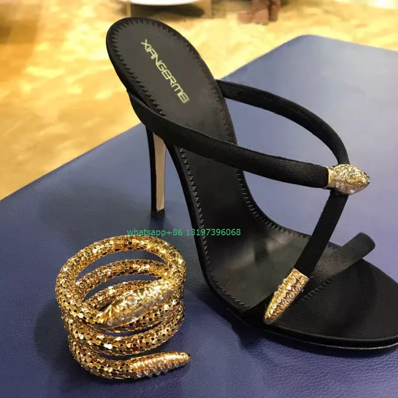 

Lady gold snake buckle lace-up design slingback pumps open toe sexy party dress high heels 9cm meatl design sandals size 40