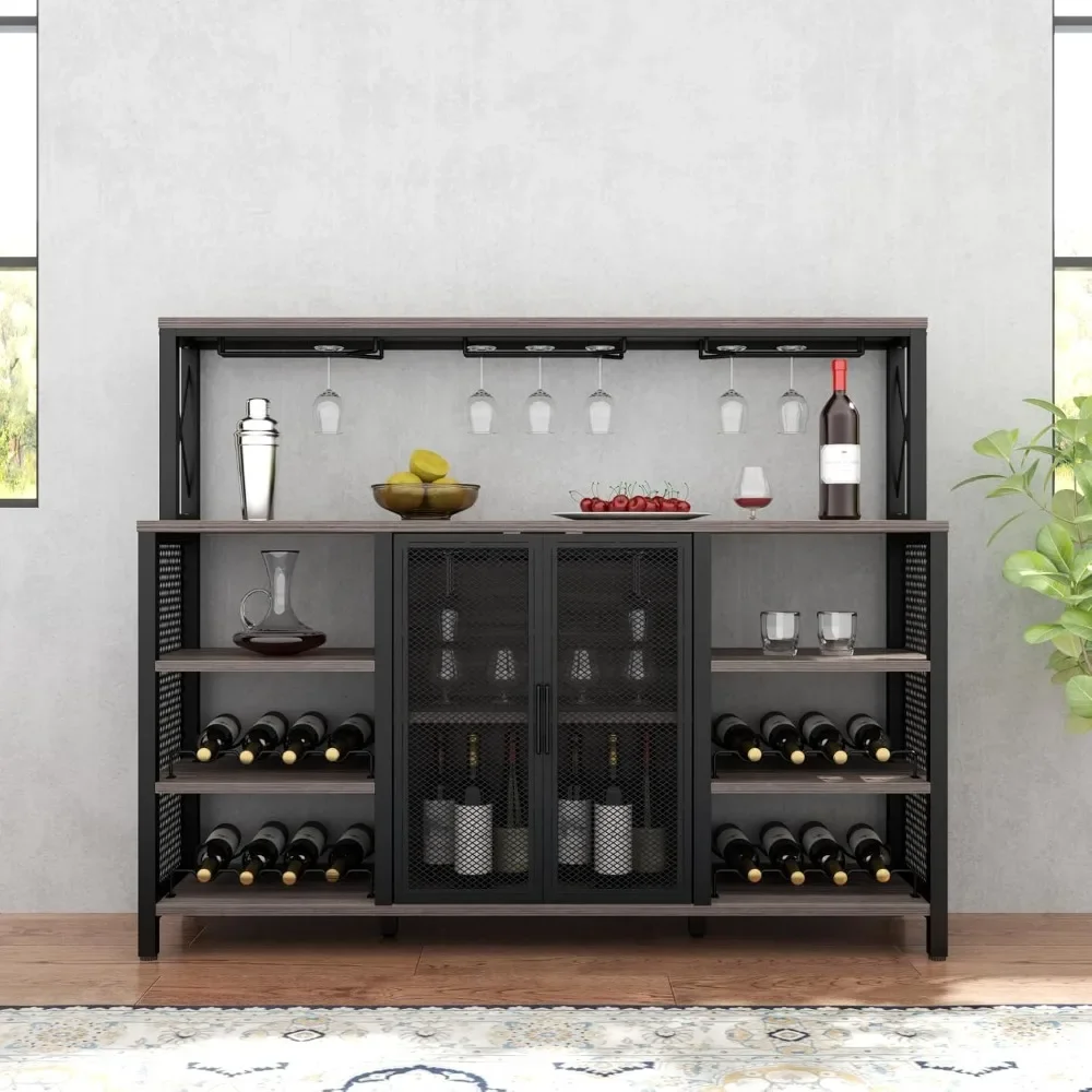 Armário de bar de vinho, armário de bar de café industrial de 55 polegadas com rack de vinho e suporte de vidro, armário de buffet de aparador de cozinha