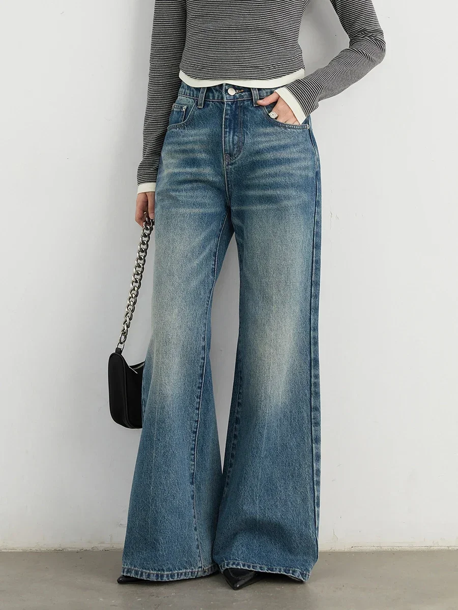 CHIC VEN Women Jeans Blue New Retro High Waisted Straight Leg Micro Flared Trousers Casual Full Denim Pants Autumn Winter 2024