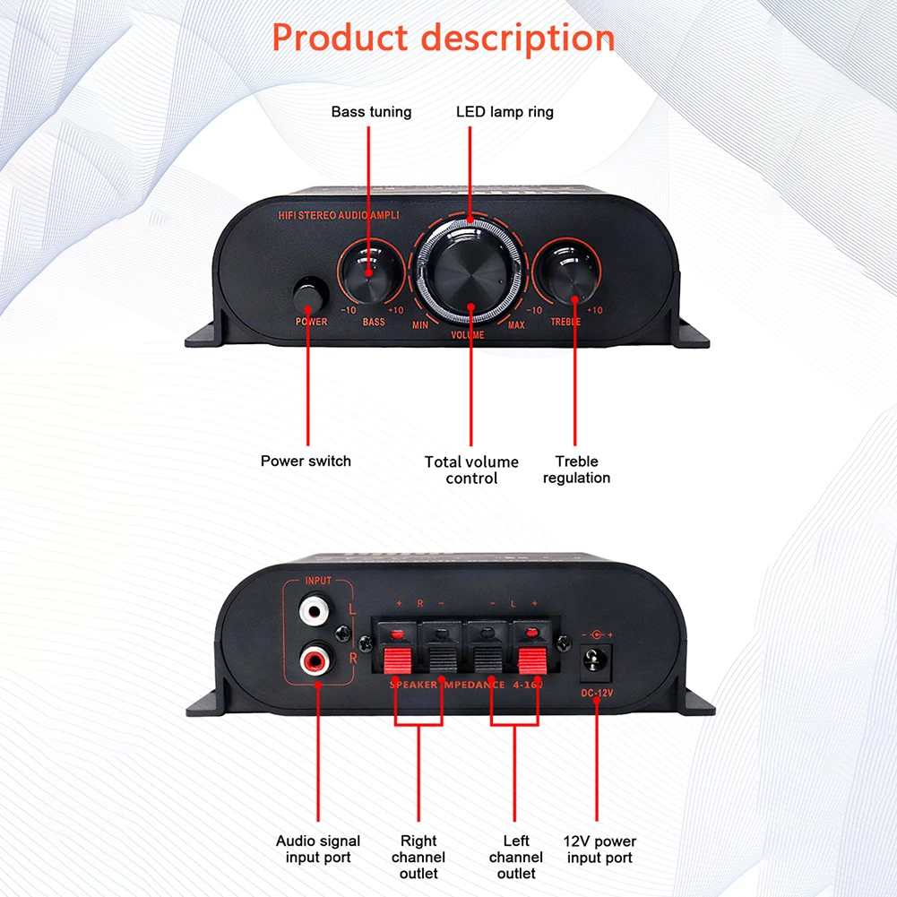 AK170 Audio Power Amplifier RCA Input Portable Sound Amplifier 20W*2 Speaker Amp Dual Channel with LED Light Ring Car Home Use