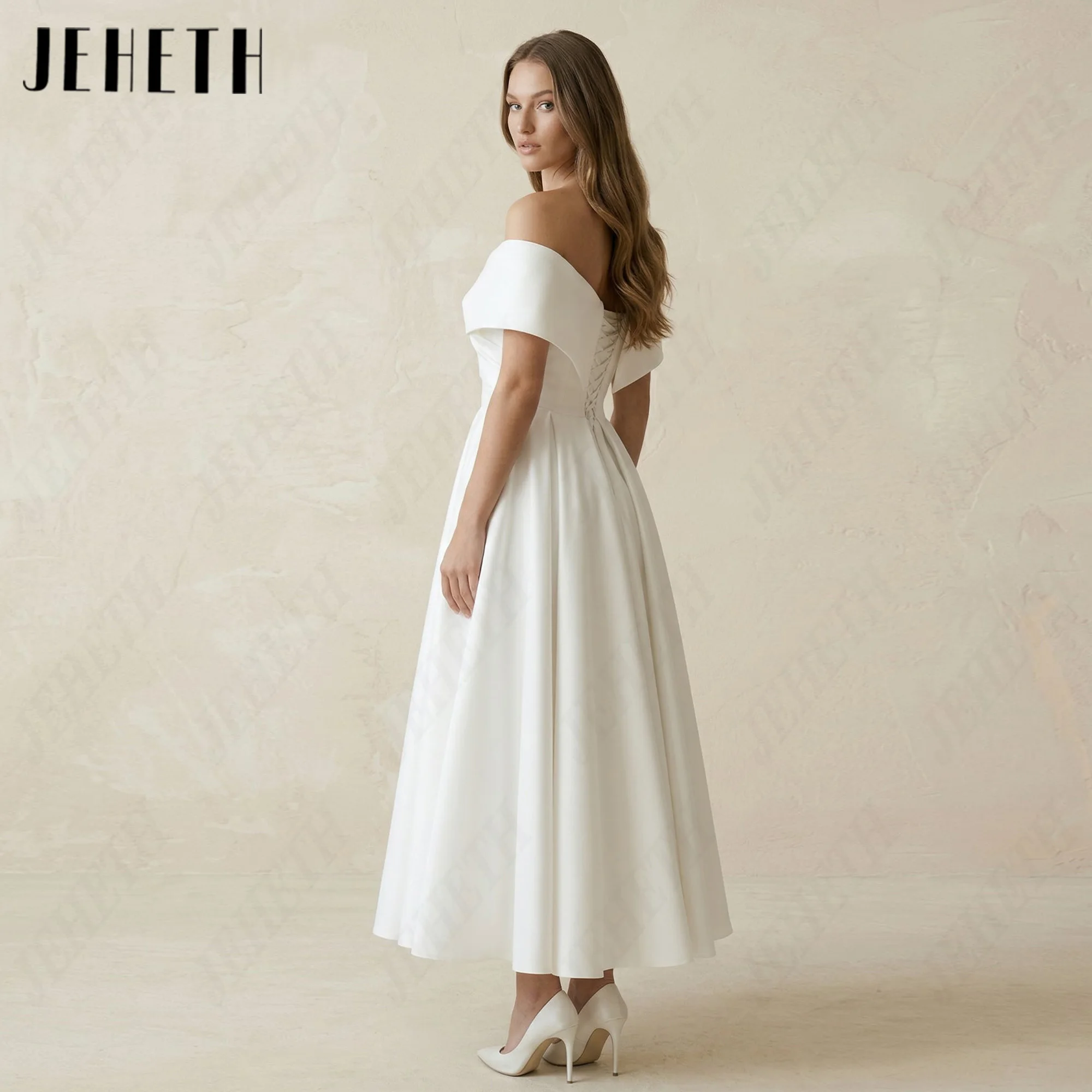 JEHETH Simple Off Shoulder V Neck Wedding Dresses Customized A Line Satin Bridal Gowns Midi Tea-Length Backless Brides Dress