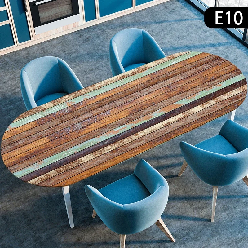 Wooden Plank Texture Style Waterproof Oval Tablecloth Oil-Resistant Elastic Stretch Fitted Table Cover Kitchen Dining Outdoor