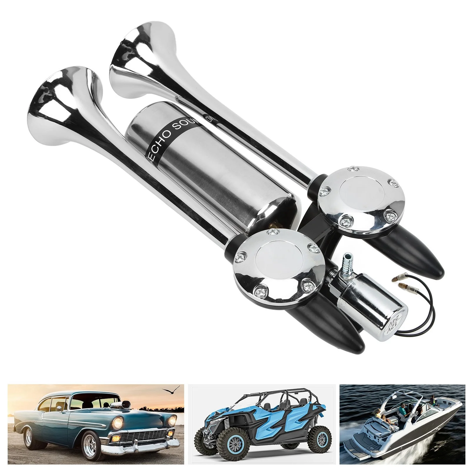 300DB 12V/24V Car Air Horn Zinc Alloy Chrome Plating Double Tube Loudspeaker for Train Ship SUV RV Truck Motorcycle Accessories