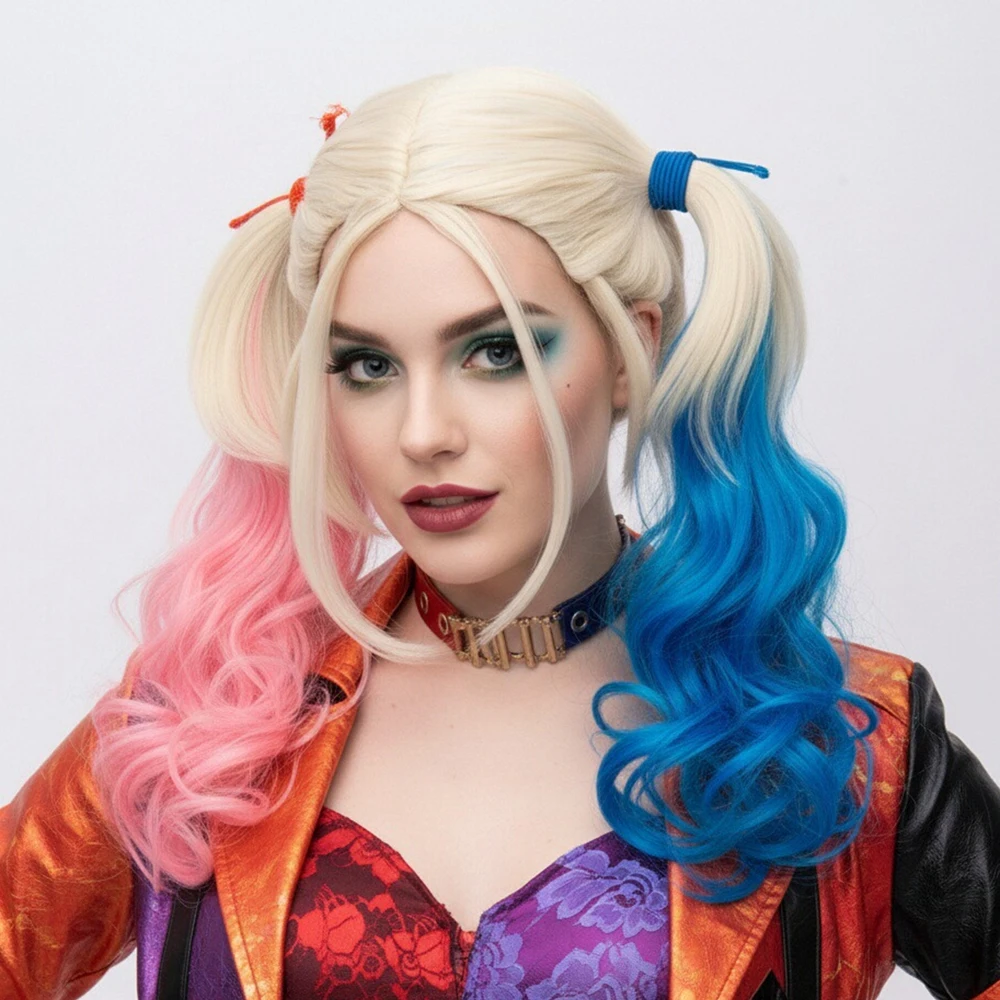 Blonde Ombre Pink Blue Synthetic Long Wavy Wigs Middle Part Anime Game Cosplay Wig Heat Resistant for Daily Party