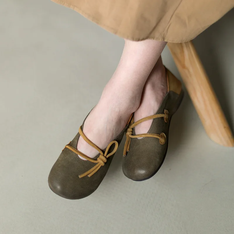 

2022 Fashion Cowhide Round Toe Retro Forest Soft Bottom Soft Surface Women Single Shoes Leather Slip-on Shoes Spring Summer New